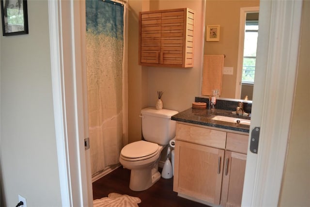 bathroom featuring toilet, a shower with curtain, wood finished floors, and vanity