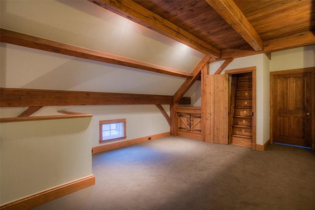 additional living space featuring vaulted ceiling with beams, wooden ceiling, baseboards, and carpet flooring