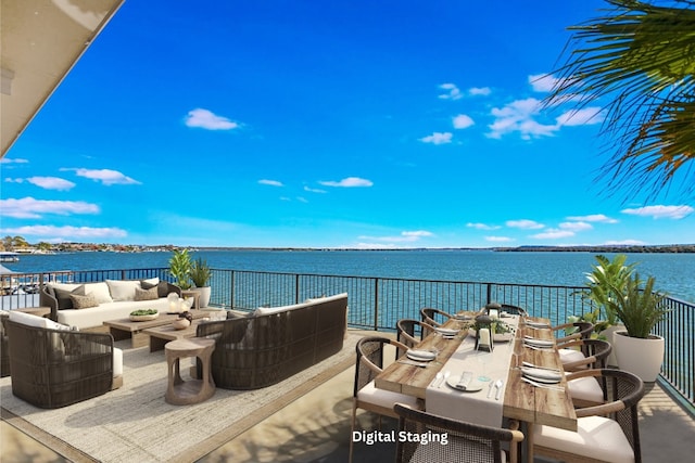 view of patio with outdoor lounge area, a balcony, and a water view