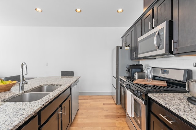 kitchen featuring recessed lighting, stainless steel appliances, a sink, decorative backsplash, and light wood finished floors