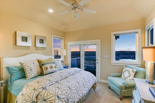 bedroom with recessed lighting, carpet floors, a ceiling fan, baseboards, and access to exterior