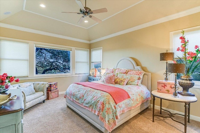 carpeted bedroom featuring recessed lighting, multiple windows, crown molding, and baseboards