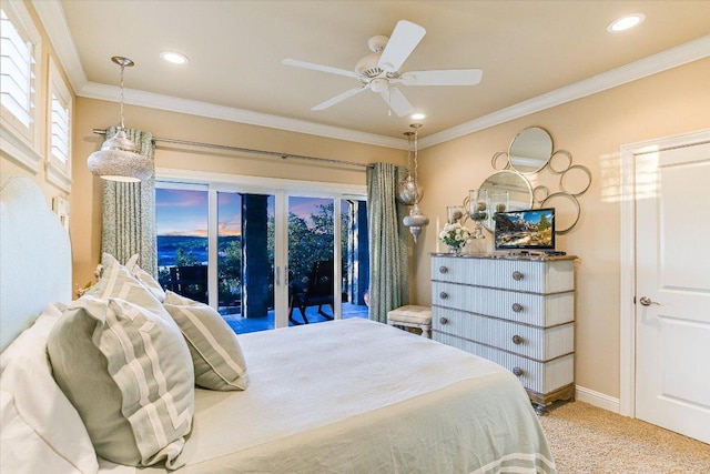 bedroom featuring baseboards, ornamental molding, access to outside, carpet floors, and recessed lighting