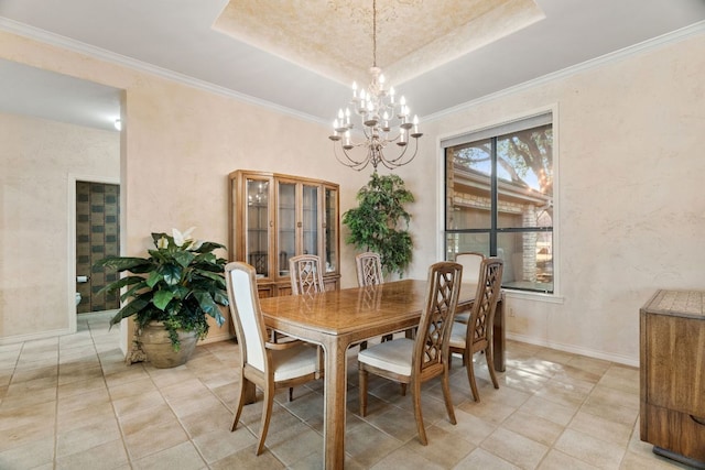 1306 Far W Rd, Horseshoe Bay, TX 78657 - dining room with a chandelier, light tile patterned flooring, ornamental molding, and a tray ceiling