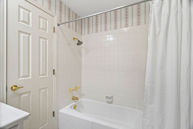 1306 Far W Rd, Horseshoe Bay, TX 78657 - bathroom featuring shower / bath combo, wallpapered walls, and vanity