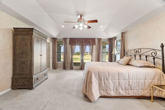 1306 Far W Rd, Horseshoe Bay, TX 78657 - bedroom with access to outside, light colored carpet, ceiling fan, lofted ceiling, and recessed lighting
