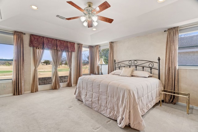 1306 Far W Rd, Horseshoe Bay, TX 78657 - bedroom with recessed lighting, ceiling fan, access to exterior, and light carpet