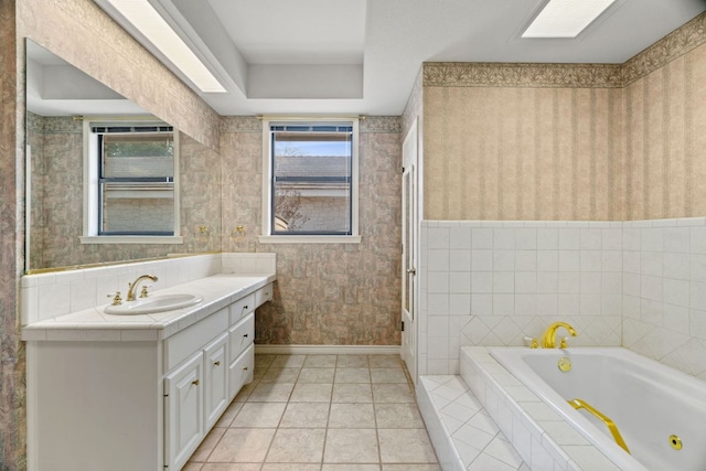 1306 Far W Rd, Horseshoe Bay, TX 78657 - full bathroom with vanity, a bath, wallpapered walls, and tile patterned flooring