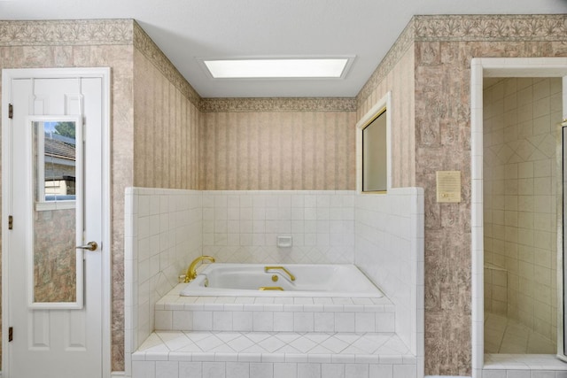 1306 Far W Rd, Horseshoe Bay, TX 78657 - bathroom featuring a garden tub, wallpapered walls, and a tile shower