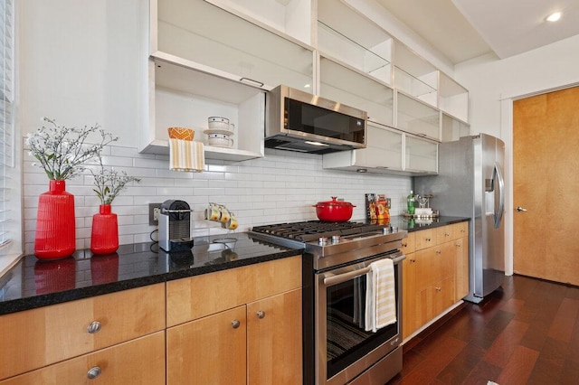 kitchen featuring stainless steel appliances, decorative backsplash, dark wood-style floors, open shelves, and dark stone countertops