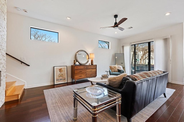 living room with recessed lighting, visible vents, stairway, ceiling fan, and hardwood / wood-style floors