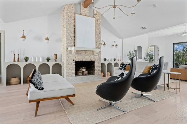 living room with visible vents, wood finished floors, a fireplace, high vaulted ceiling, and beam ceiling