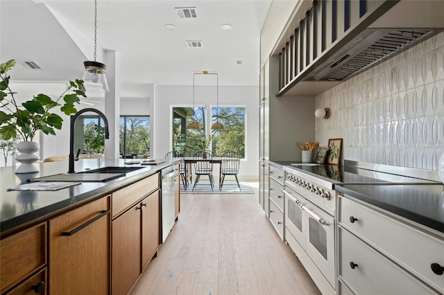 kitchen featuring visible vents, a sink, ventilation hood, double oven range, and stainless steel dishwasher