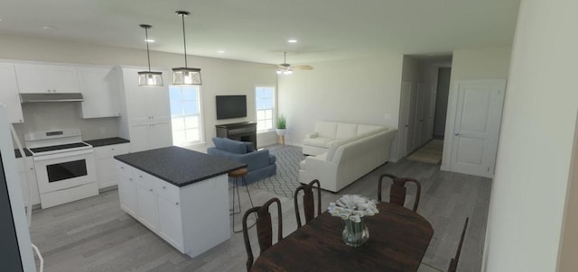 kitchen featuring light wood-style floors, dark countertops, electric range, and under cabinet range hood