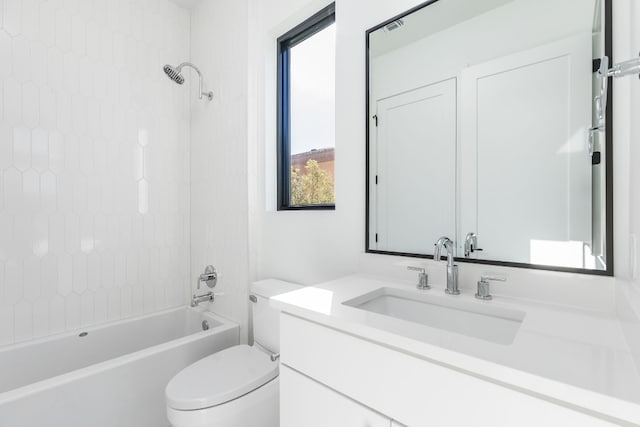 full bath with shower / bathing tub combination, vanity, and toilet