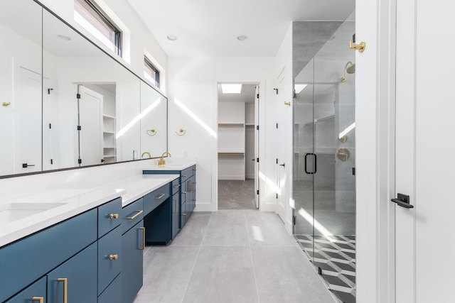 full bathroom featuring a sink, baseboards, double vanity, a stall shower, and a walk in closet