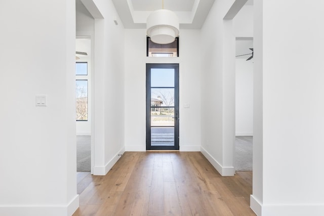 foyer entrance with wood-type flooring, a raised ceiling, and baseboards