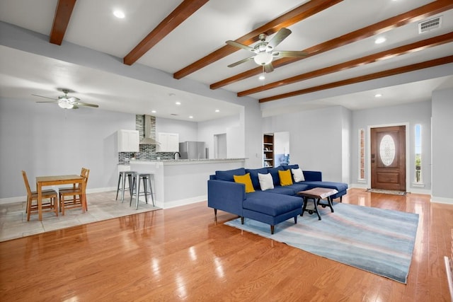 3660 Stagecoach Ranch Loop, Dripping Springs, TX 78620 - living area with recessed lighting, light wood-style floors, beamed ceiling, and ceiling fan