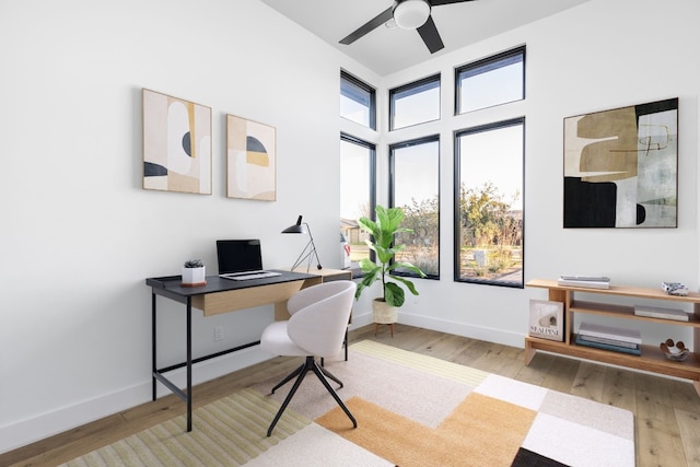 office featuring ceiling fan, wood-type flooring, and baseboards