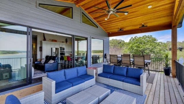 wooden deck featuring a ceiling fan, outdoor dining space, an outdoor living space, and area for grilling