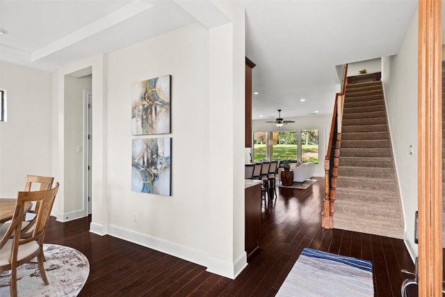entryway featuring stairs, hardwood / wood-style floors, baseboards, recessed lighting, and a ceiling fan