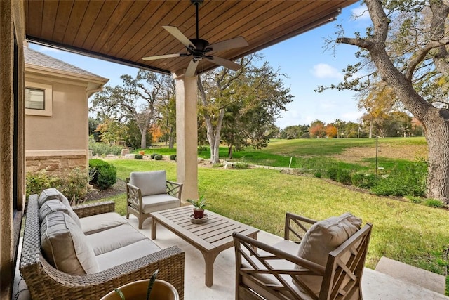 view of patio / terrace featuring ceiling fan and an outdoor hangout area