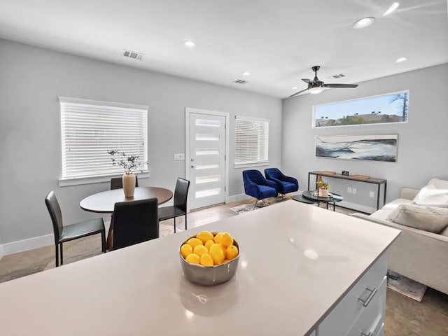 6902 Carver Ave Unit B, Austin, TX 78752 - kitchen featuring open floor plan, recessed lighting, a ceiling fan, and baseboards