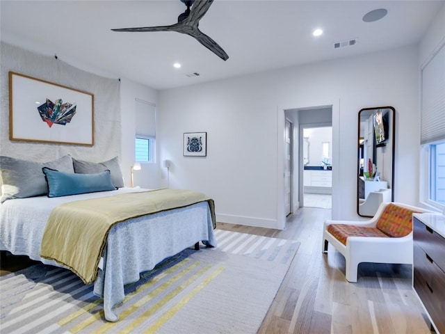 bedroom with light wood-style flooring, visible vents, a ceiling fan, and recessed lighting