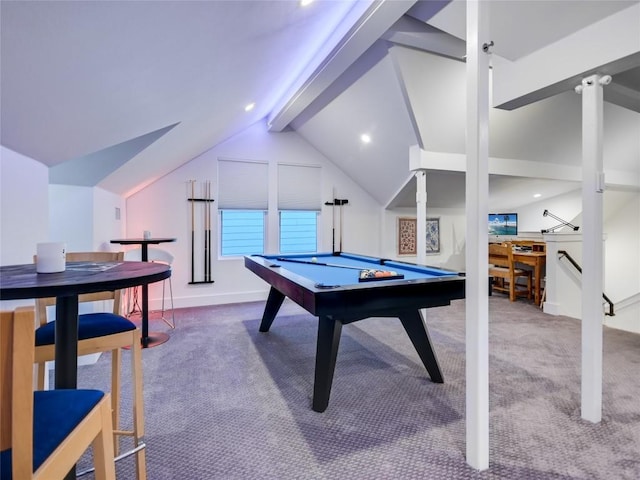 recreation room with lofted ceiling with beams, carpet, billiards, and baseboards