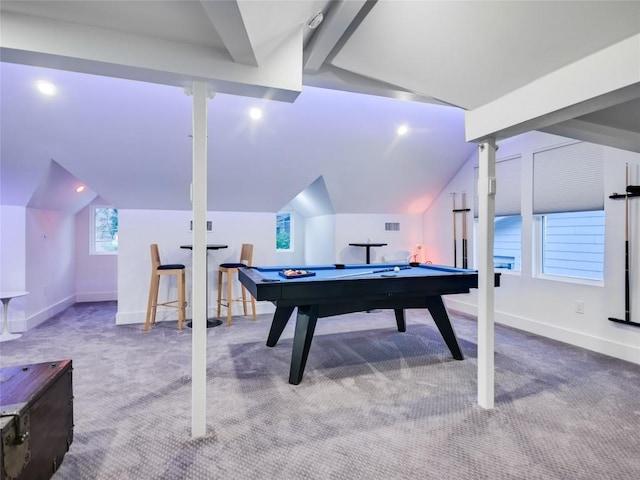 playroom with carpet flooring, vaulted ceiling, and baseboards