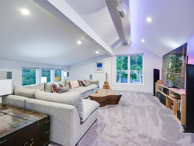 living room with lofted ceiling with beams, carpet, baseboards, and recessed lighting