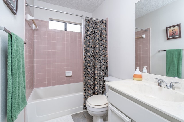 bathroom with shower / bathtub combination with curtain, a textured ceiling, toilet, and vanity