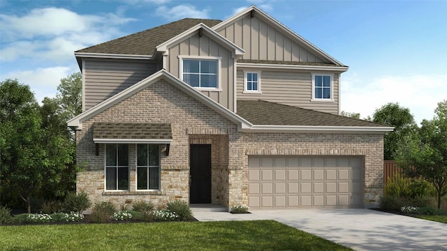 craftsman-style home featuring an attached garage, brick siding, board and batten siding, and concrete driveway