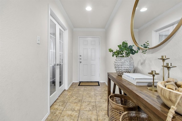 doorway to outside featuring light tile patterned floors, recessed lighting, baseboards, french doors, and ornamental molding