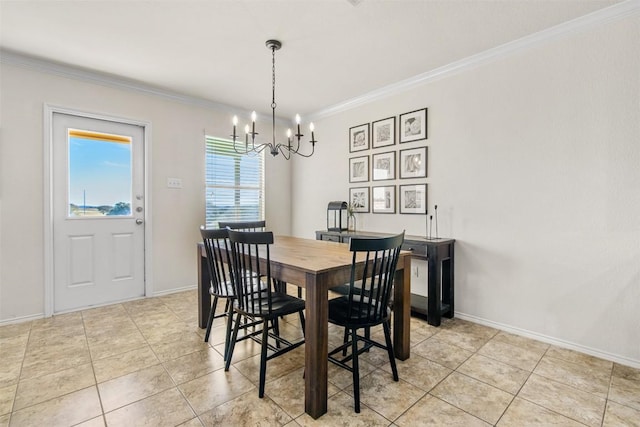 dining room with a chandelier, light tile patterned flooring, crown molding, and baseboards