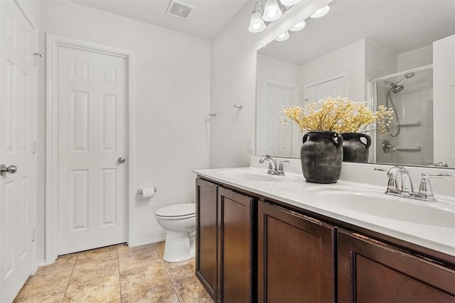 full bath with toilet, a stall shower, visible vents, and a sink