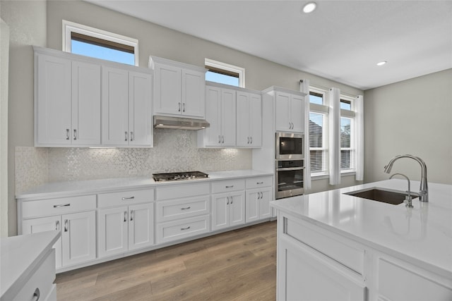 kitchen featuring appliances with stainless steel finishes, light countertops, under cabinet range hood, white cabinetry, and a sink