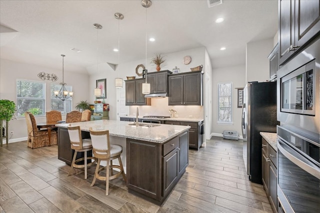 kitchen with appliances with stainless steel finishes, an island with sink, a sink, and a wealth of natural light