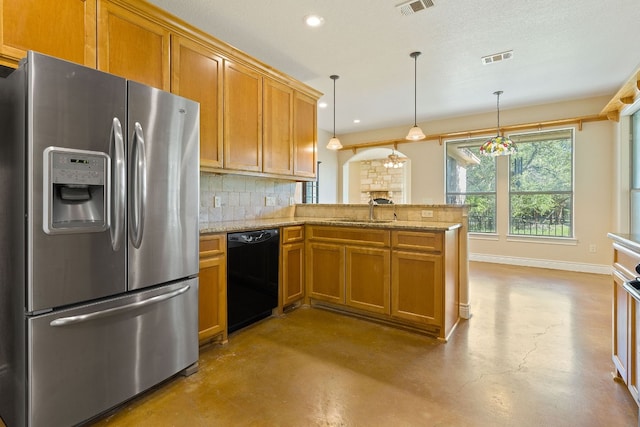 10221 David Moore Dr Unit 1 & 2, Austin, TX 78748 - kitchen with stainless steel fridge with ice dispenser, dishwasher, finished concrete flooring, tasteful backsplash, and a peninsula
