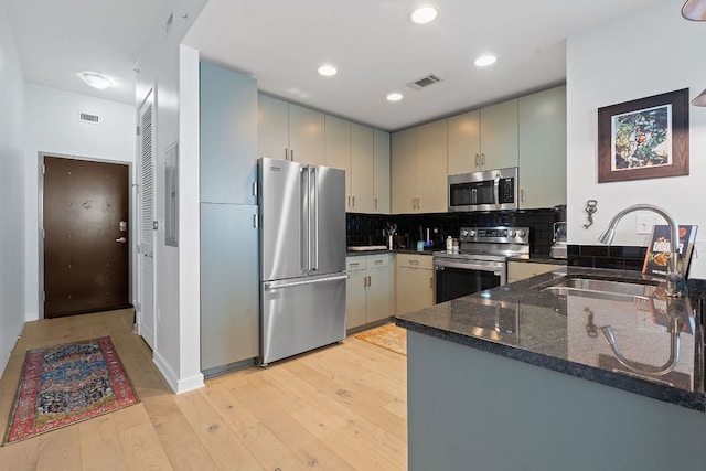 kitchen featuring visible vents, light wood-style flooring, a sink, appliances with stainless steel finishes, and backsplash