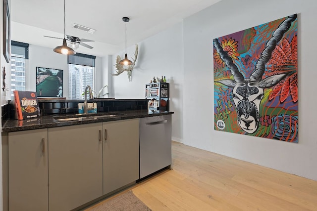 kitchen with visible vents, pendant lighting, light wood-type flooring, stainless steel dishwasher, and a sink