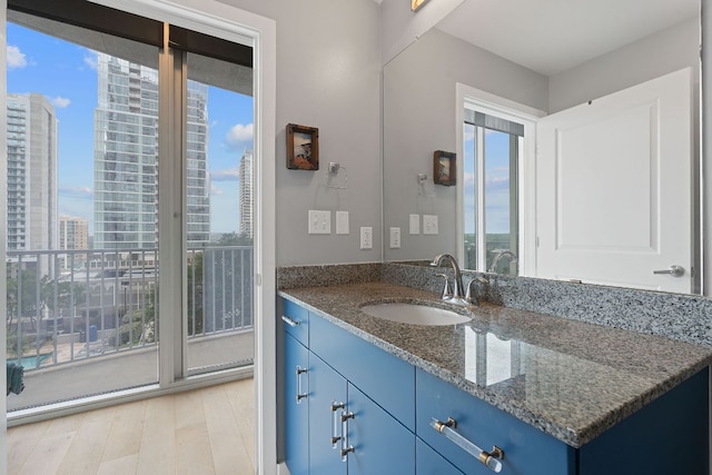 bathroom featuring a city view, wood finished floors, and vanity