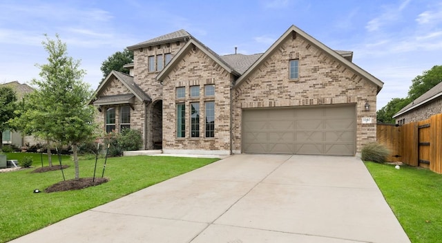 view of front of property with brick siding, a shingled roof, fence, concrete driveway, and a front lawn