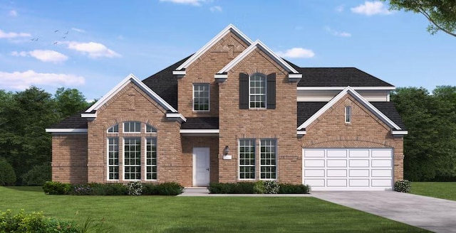 view of front of property with a garage, brick siding, a shingled roof, driveway, and a front yard