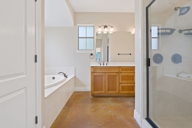 bathroom with concrete floors, a stall shower, vanity, and a bath