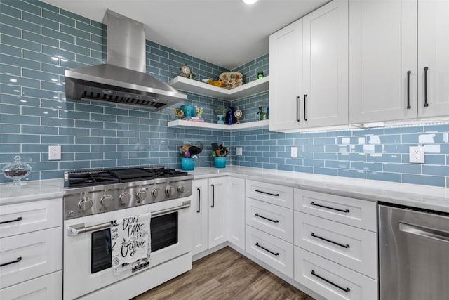 kitchen with range with gas stovetop, wall chimney range hood, backsplash, dishwasher, and open shelves