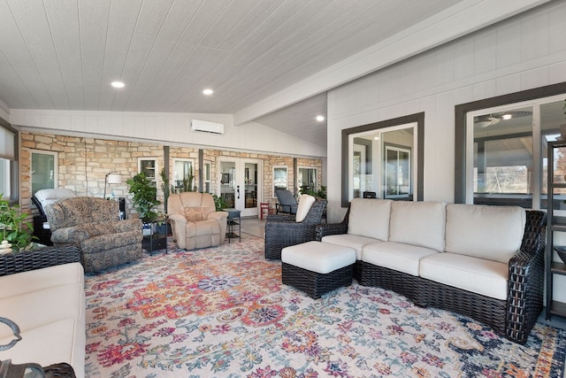 carpeted living room featuring lofted ceiling with beams, wooden ceiling, wooden walls, french doors, and a wall mounted AC