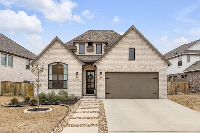 view of front facade featuring a shingled roof, brick siding, driveway, and fence