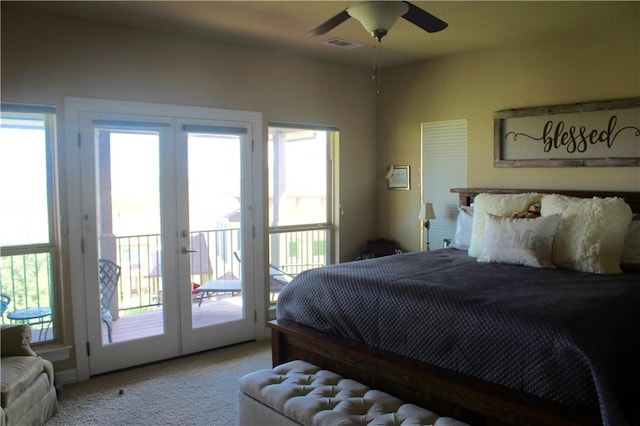 bedroom with access to outside, visible vents, carpet flooring, and french doors