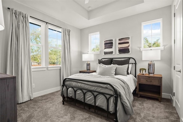 carpeted bedroom with a raised ceiling and baseboards